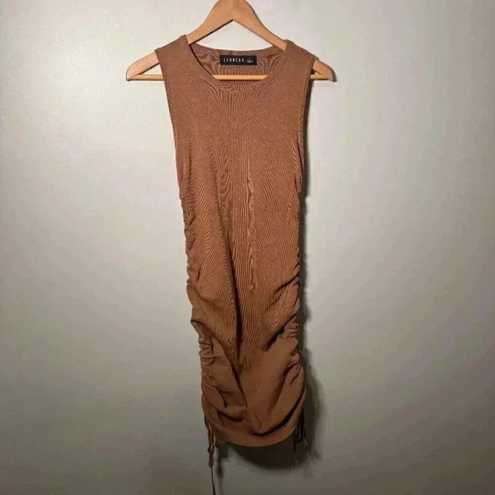 Lioness Womens Camel Brown Military Minds Mini Dress Large Ribbed Ruched Stretch - Picture 4 of 6
